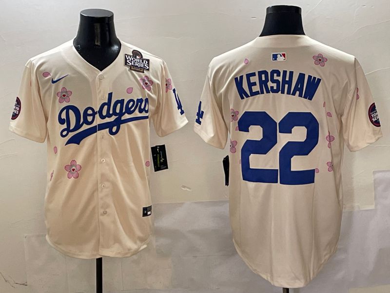 Men Los Angeles Dodgers #22 Kershaw Cream White Blue Sakura Edition 2025 Nike MLB Jersey style 5
